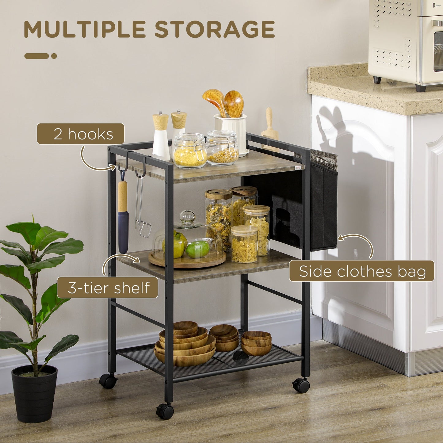 3-tier Utility Cart on Wheels, Rolling Kitchen Cart Serving Cart with Cloth Bag and Hooks for Living Room, Kitchen Kitchen Islands & Kitchen Carts   at Gallery Canada