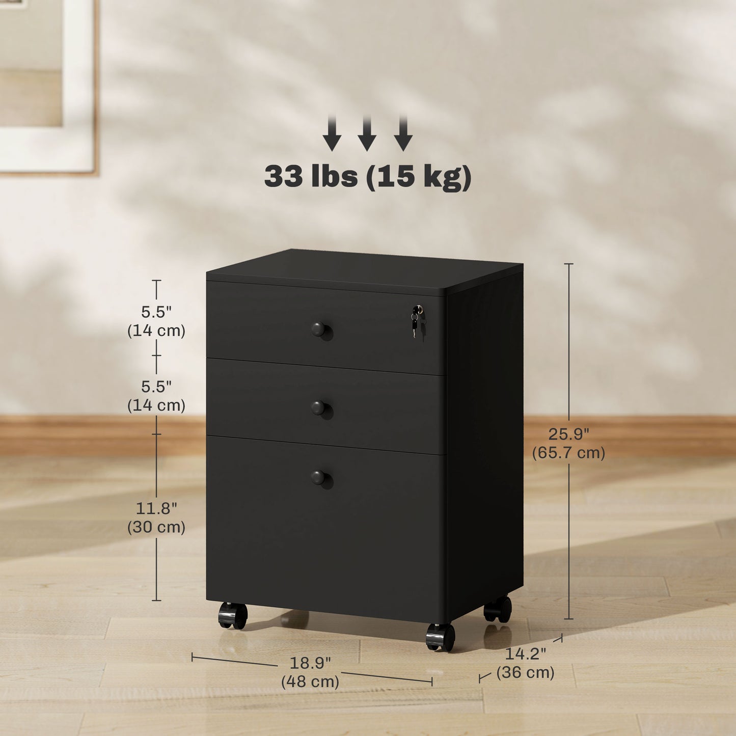 3-Drawer Small Filing Cabinet with Lock, Vertical Office Storage Cabinet with Wheels for Home Office, Black Office Cabinets & Cupboards   at Gallery Canada