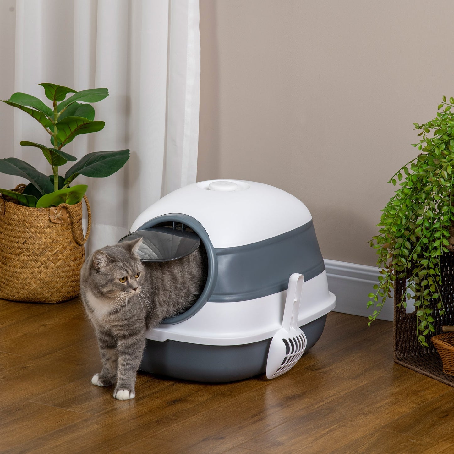 Foldable Cat Litter Box with Lid, Covered Litter Box w/ High Sides, Air Freshener, Large Front Entry Cat Box, Easy Clean, White and Gary Cat Litter Box Enclosures   at Gallery Canada