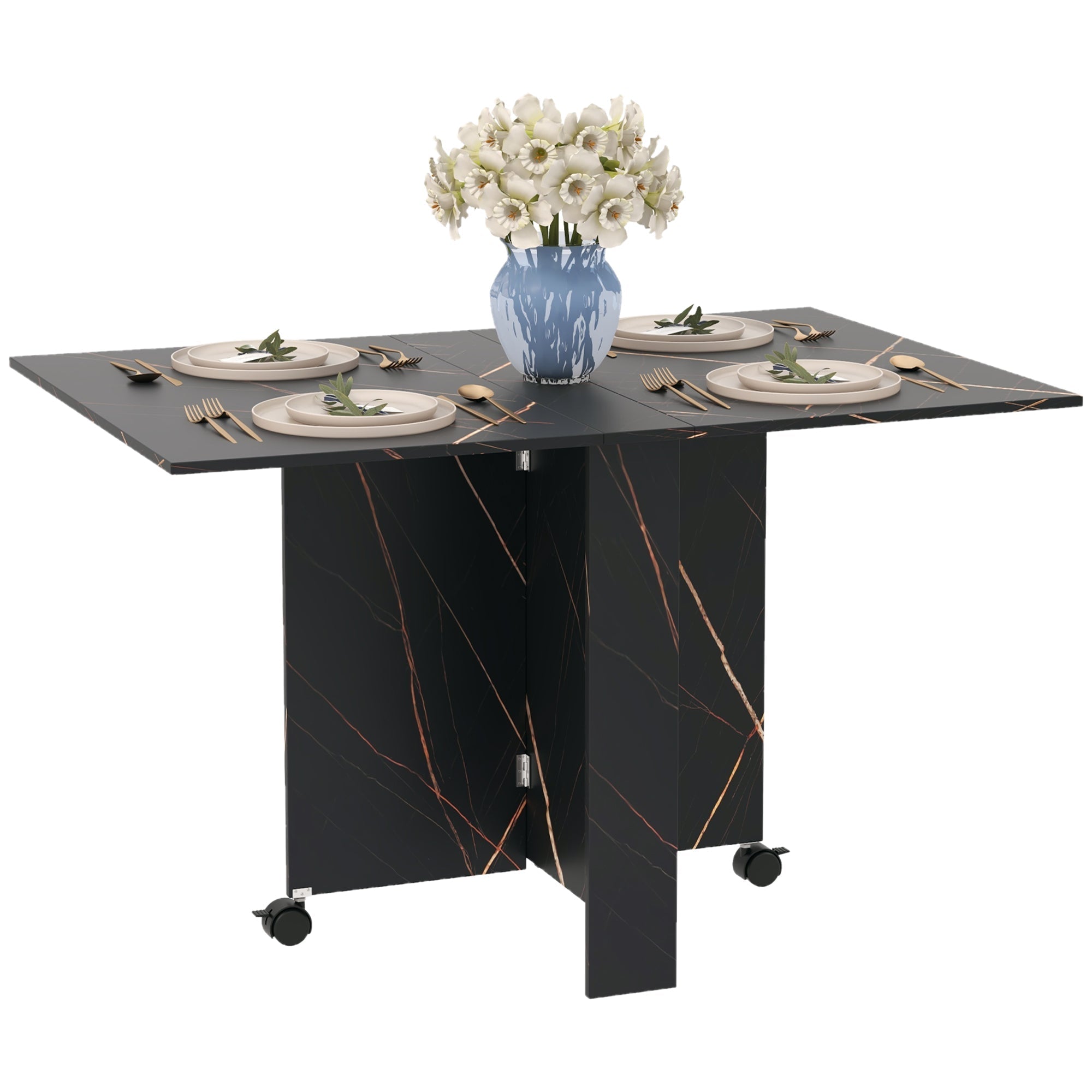 Foldable Dining Table, Drop Leaf Folding Side Table Console Writing Desk with 2 Wheels for Kitchen, Dining Room Bar Tables & Dining Tables Faux Black Marble  at Gallery Canada