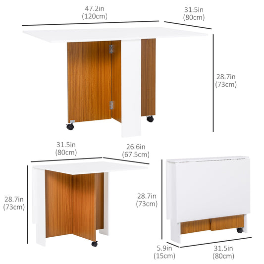 Foldable Dining Table, Drop Leaf Folding Side Table Console Writing Desk with 2 Wheels for Kitchen, Dining Room, Teak, White Bar Tables & Dining Tables Multi Colour  at Gallery Canada