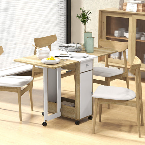 Foldable Dining Table, Movable Drop Leaf Table for Small Spaces with 2 Drawers, Cabinet and Caster Wheels, Folding Table for Kitchen, Dining Room, Oak