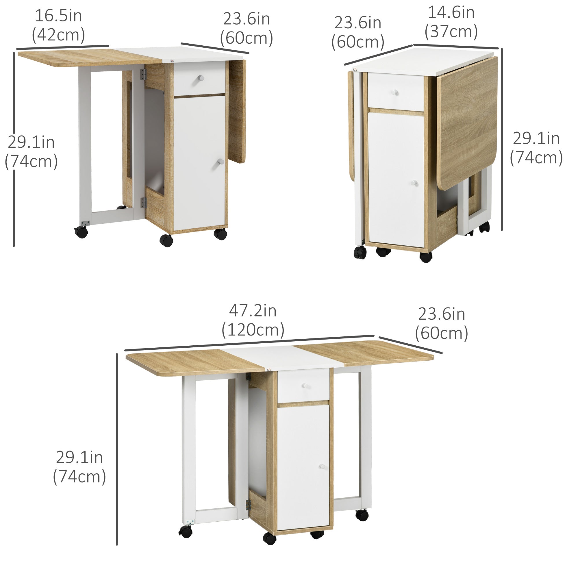 Foldable Dining Table, Movable Drop Leaf Table for Small Spaces with 2 Drawers, Cabinet and Caster Wheels, Folding Table for Kitchen, Dining Room, Oak Bar Tables & Dining Tables   at Gallery Canada