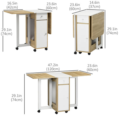 Foldable Dining Table, Movable Drop Leaf Table for Small Spaces with 2 Drawers, Cabinet and Caster Wheels, Folding Table for Kitchen, Dining Room, Oak Bar Tables & Dining Tables   at Gallery Canada