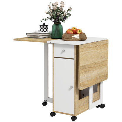 Foldable Dining Table, Movable Drop Leaf Table for Small Spaces with 2 Drawers, Cabinet and Caster Wheels, Folding Table for Kitchen, Dining Room, Oak Bar Tables & Dining Tables Multi Colour  at Gallery Canada