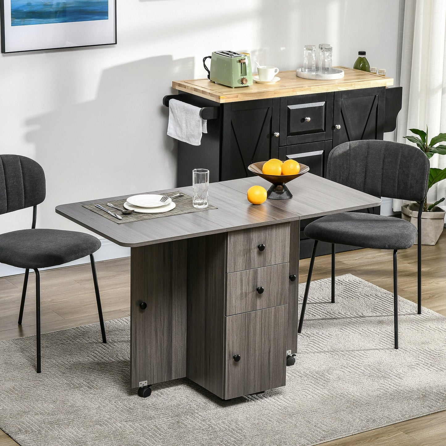 Foldable Dining Table, Rolling Kitchen Table With Storage Drawers and Cabinet, Drop Leaf Table on Wheels, Grey Bar Tables & Dining Tables   at Gallery Canada