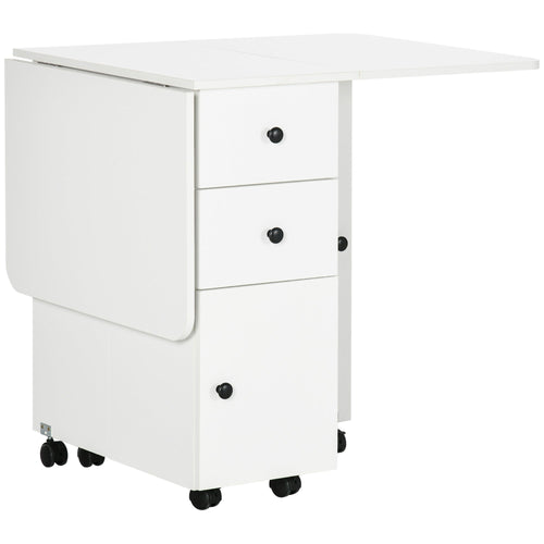 Foldable Dining Table, Rolling Kitchen Table With Storage Drawers and Cabinet, Drop Leaf Table on Wheels, White