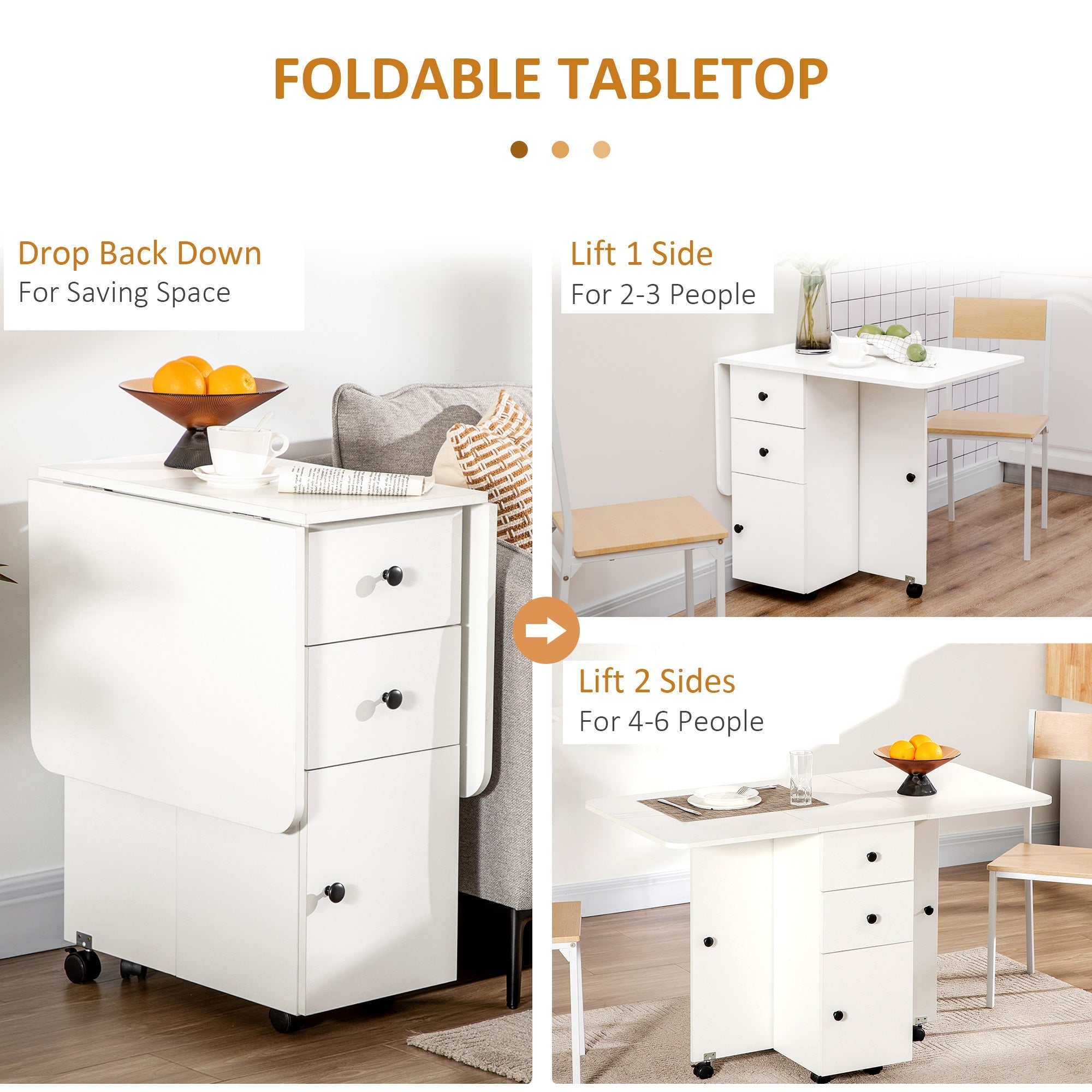 Foldable Dining Table, Rolling Kitchen Table With Storage Drawers and Cabinet, Drop Leaf Table on Wheels, White Bar Tables & Dining Tables   at Gallery Canada