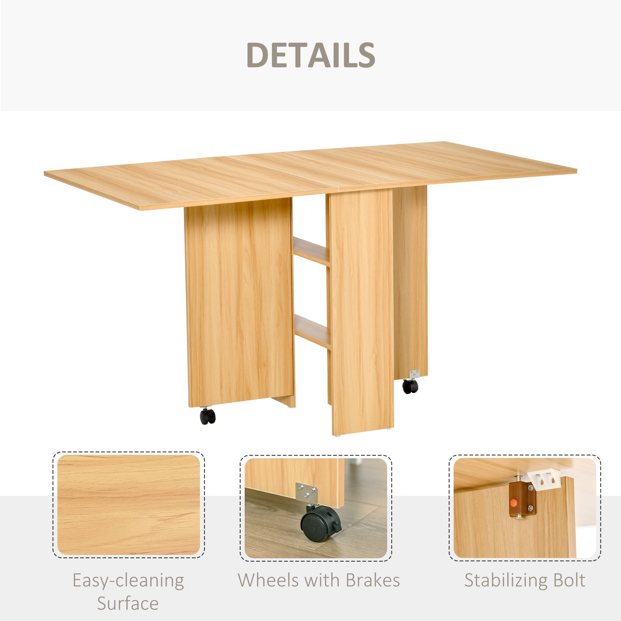 Foldable Dining Table with Storage Shelves, Drop Leaf Folding Side Table Console Writing Desk with 2 Wheels for Kitchen, Teak Bar Tables & Dining Tables   at Gallery Canada