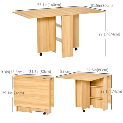 Foldable Dining Table with Storage Shelves, Drop Leaf Folding Side Table Console Writing Desk with 2 Wheels for Kitchen, Teak Bar Tables & Dining Tables Teak  at Gallery Canada