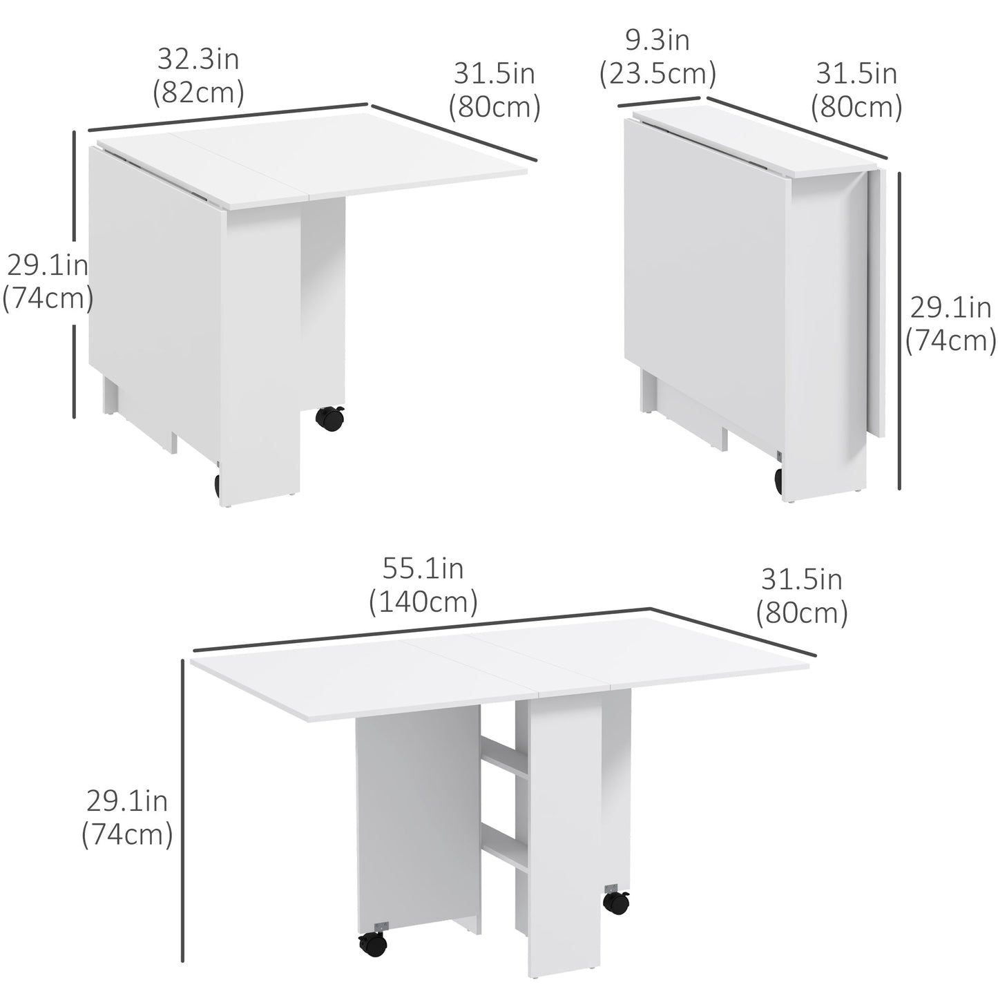 Foldable Dining Table with Storage Shelves, Drop Leaf Folding Side Table Console Writing Desk with 2 Wheels for Kitchen, White Bar Tables & Dining Tables   at Gallery Canada