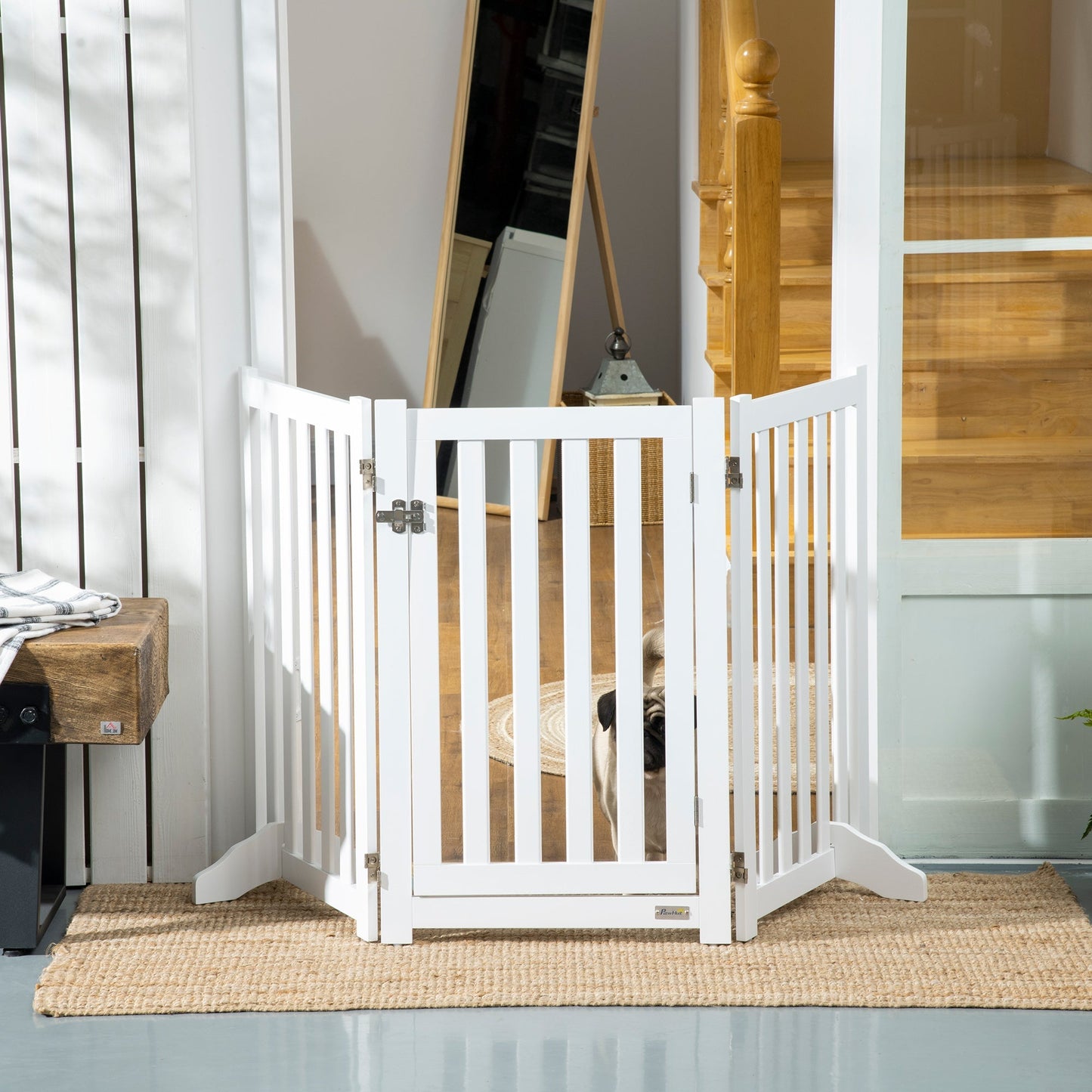 Foldable Dog Gate with Door, 3 Panels Freestanding Pet Gate with Support Feet Indoor Playpen for Medium Dogs and Below, White Houses, Kennels & Pens   at Gallery Canada