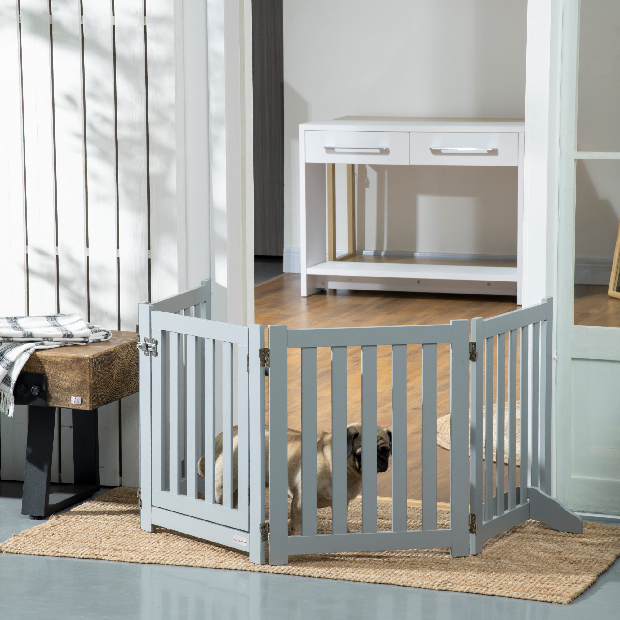 Foldable Dog Gate with Door, 4 Panels Freestanding Pet Gate with Support Feet Indoor Playpen for Small Dogs and Below, Grey Houses, Kennels & Pens   at Gallery Canada