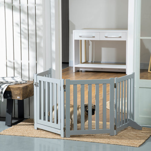 Foldable Dog Gate with Door, 4 Panels Freestanding Pet Gate with Support Feet Indoor Playpen for Small Dogs and Below, Grey