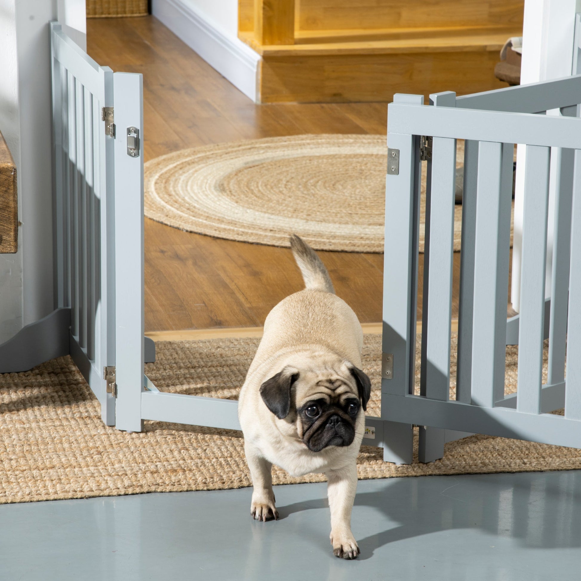 Foldable Dog Gate with Door, 4 Panels Freestanding Pet Gate with Support Feet Indoor Playpen for Small Dogs and Below, Grey Houses, Kennels & Pens   at Gallery Canada