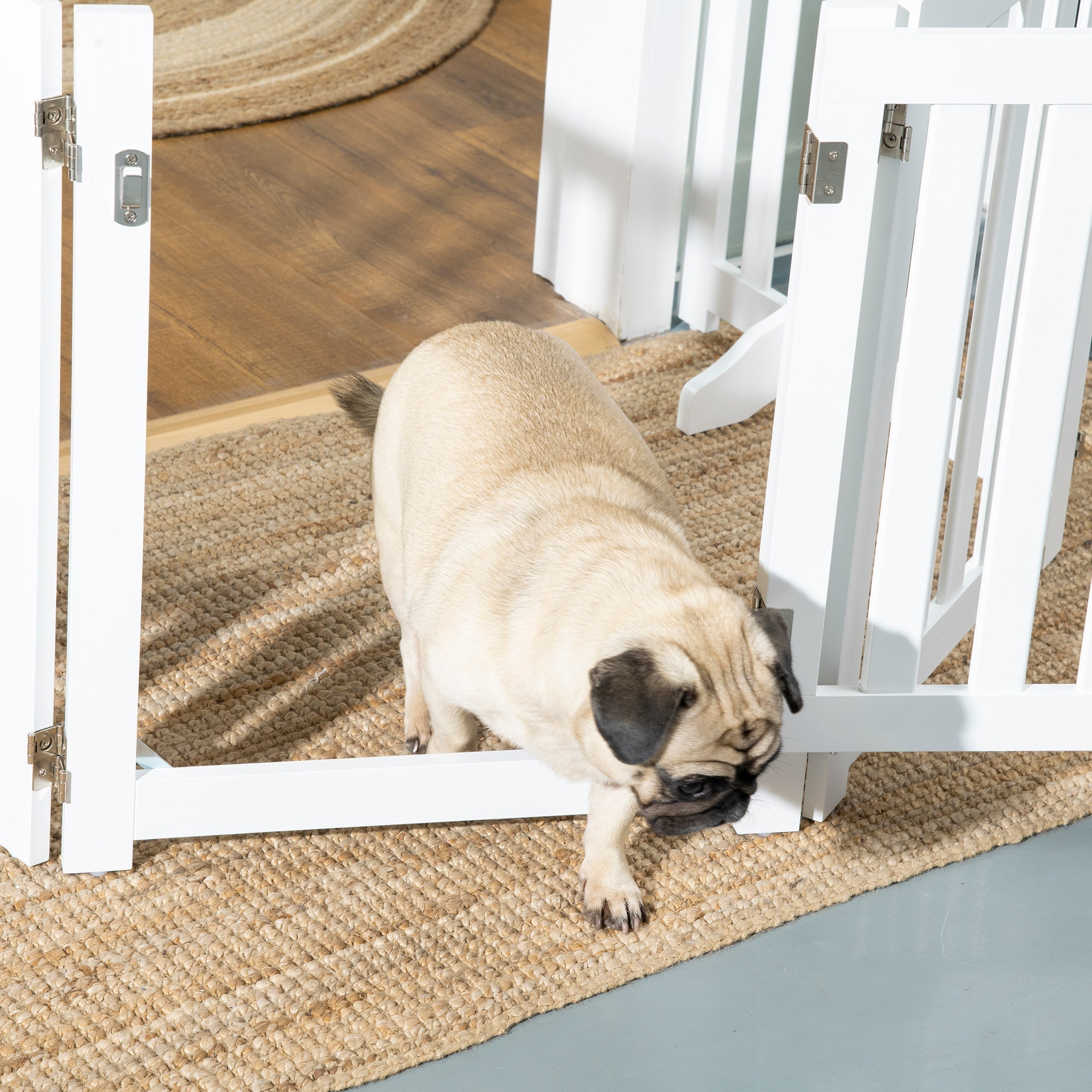 Foldable Dog Gate with Door, 4 Panels Freestanding Pet Gate with Support Feet Indoor Playpen for Small Dogs and Below, White Houses, Kennels & Pens   at Gallery Canada