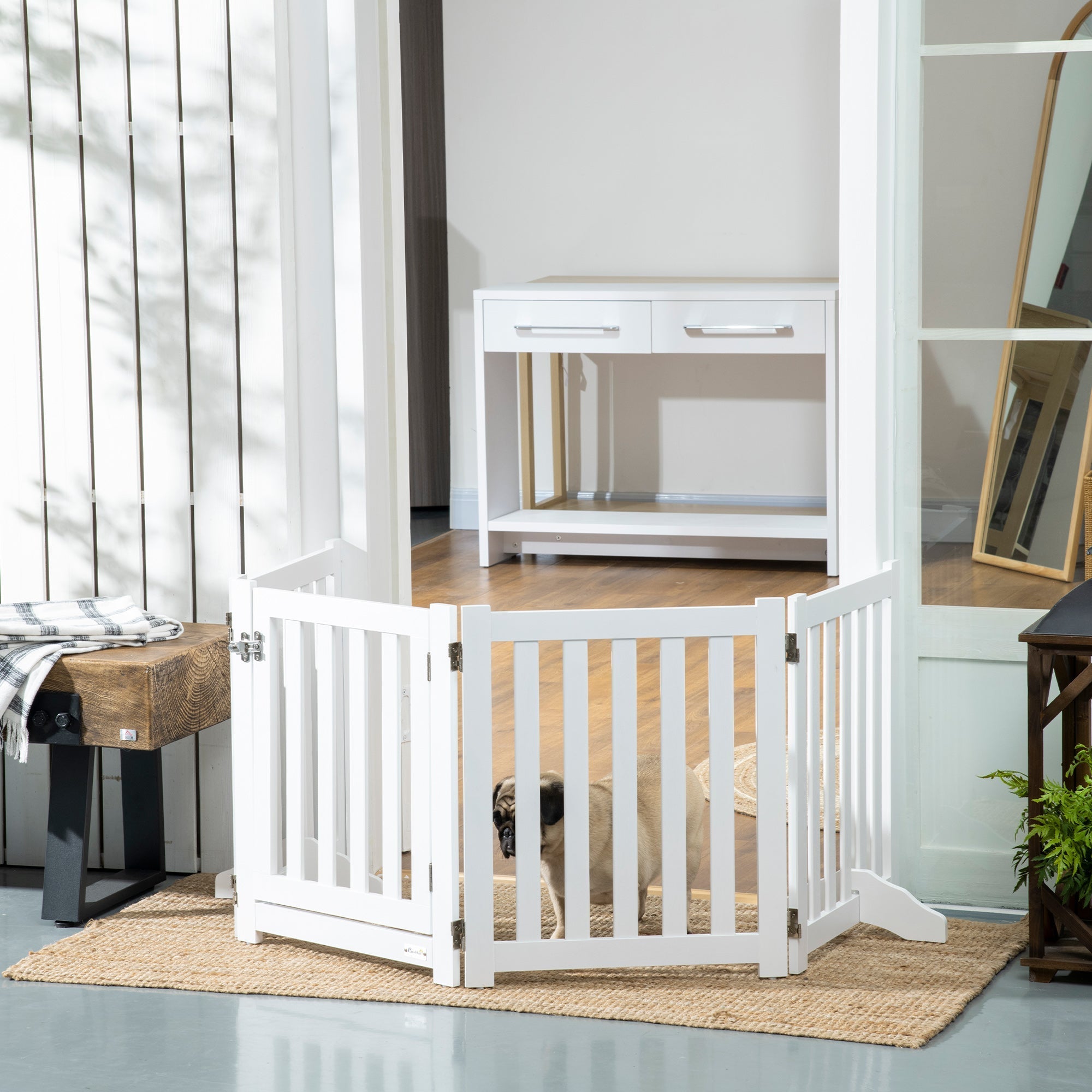 Foldable Dog Gate with Door, 4 Panels Freestanding Pet Gate with Support Feet Indoor Playpen for Small Dogs and Below, White Houses, Kennels & Pens   at Gallery Canada