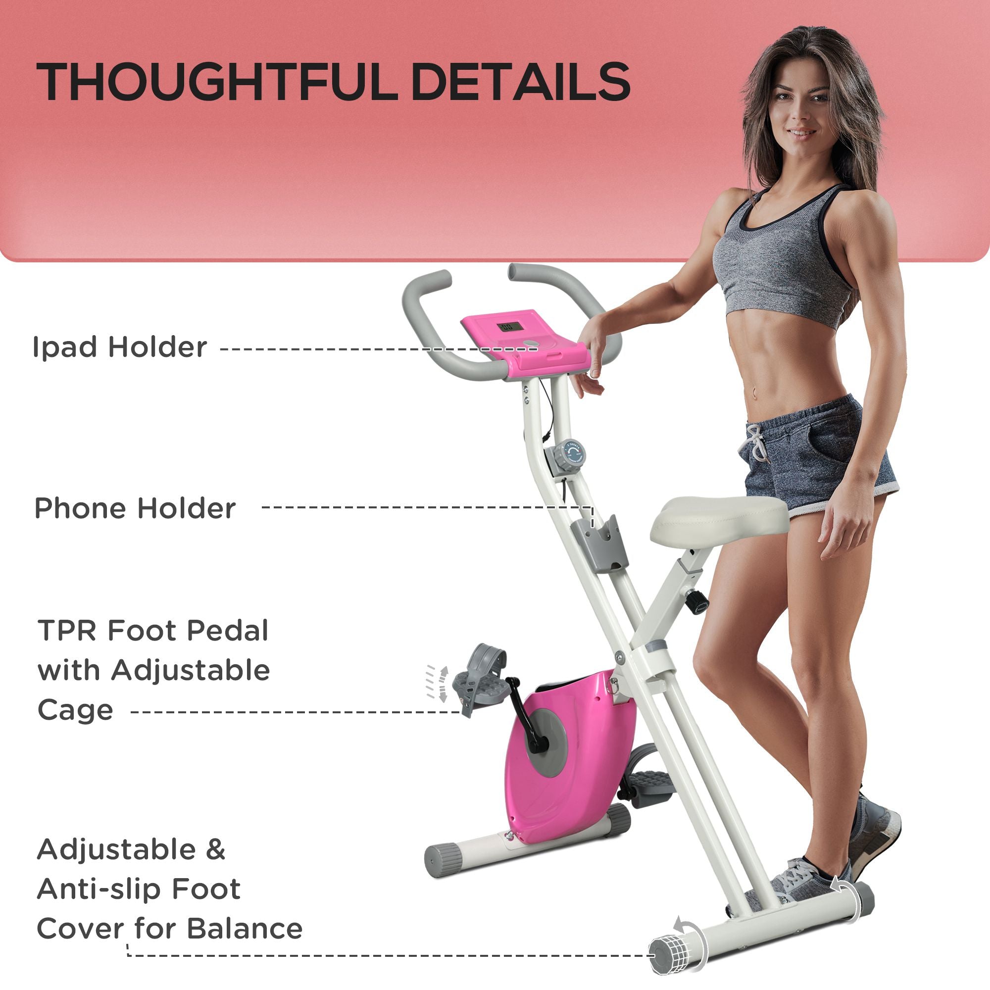 Foldable Exercise Bike Indoor Stationary Bike w/ 8-Level Magnetic Resistance LCD Screen Phone Holder for Home Gym Pink Exercise & Stationary Bikes   at Gallery Canada