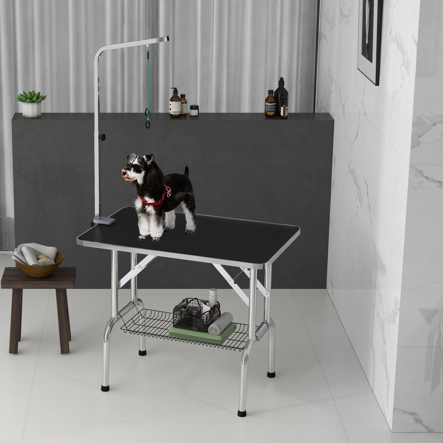 Foldable Grooming Table for Dogs with Height Adjustable Grooming Arm, Storage Shelf, Black Dog Grooming Tables   at Gallery Canada