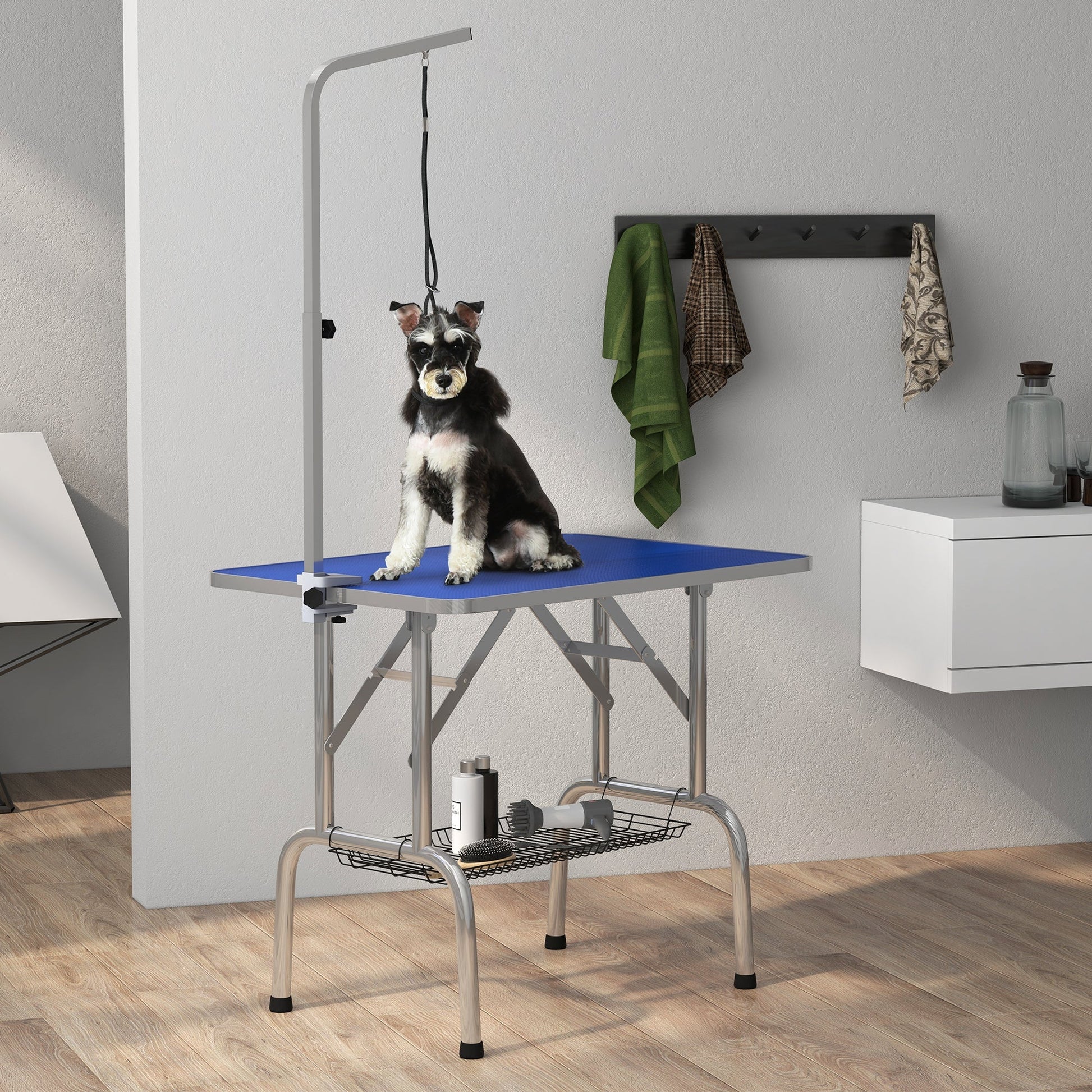 Foldable Grooming Table for Dogs with Height Adjustable Grooming Arm, Storage Shelf, Blue Dog Grooming Tables   at Gallery Canada