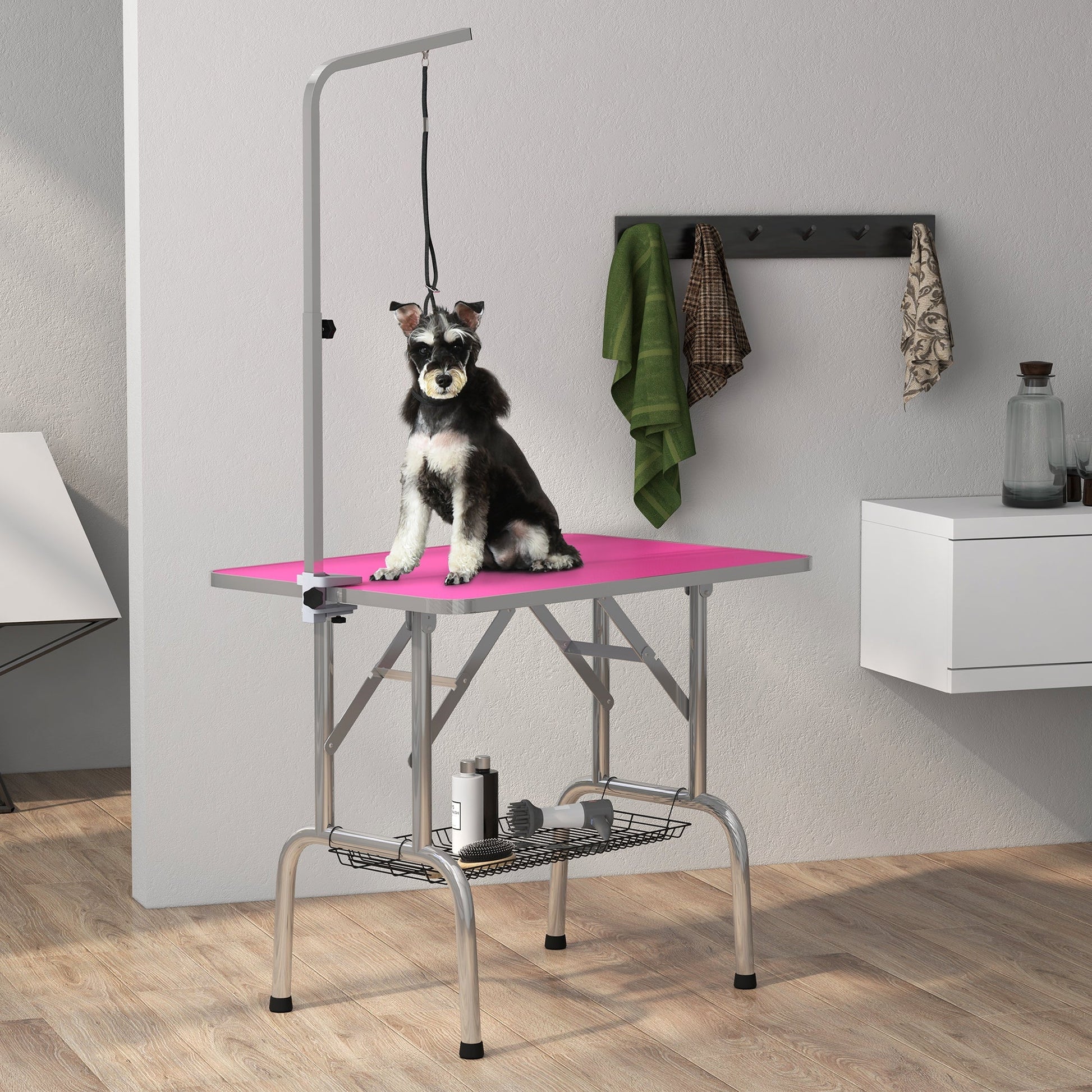 Foldable Grooming Table for Dogs with Height Adjustable Grooming Arm, Storage Shelf, Pink Dog Grooming Tables   at Gallery Canada