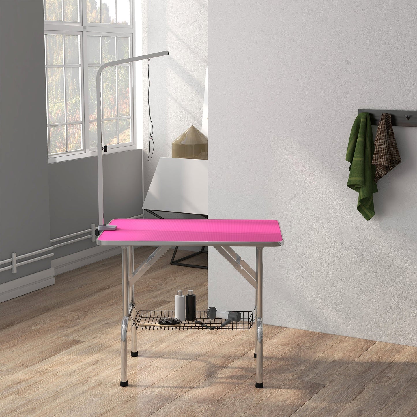 Foldable Grooming Table for Dogs with Height Adjustable Grooming Arm, Storage Shelf, Pink Dog Grooming Tables   at Gallery Canada