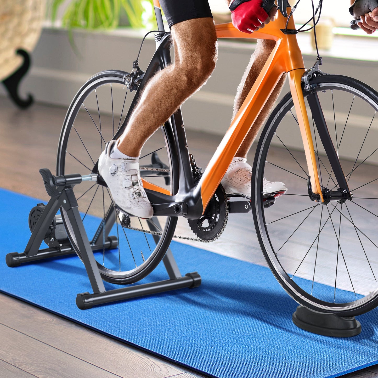 Foldable Indoor Bike Trainer Stand for 26-28" & 700C Wheels with Riser Block, Black Bike Trainer Stands   at Gallery Canada