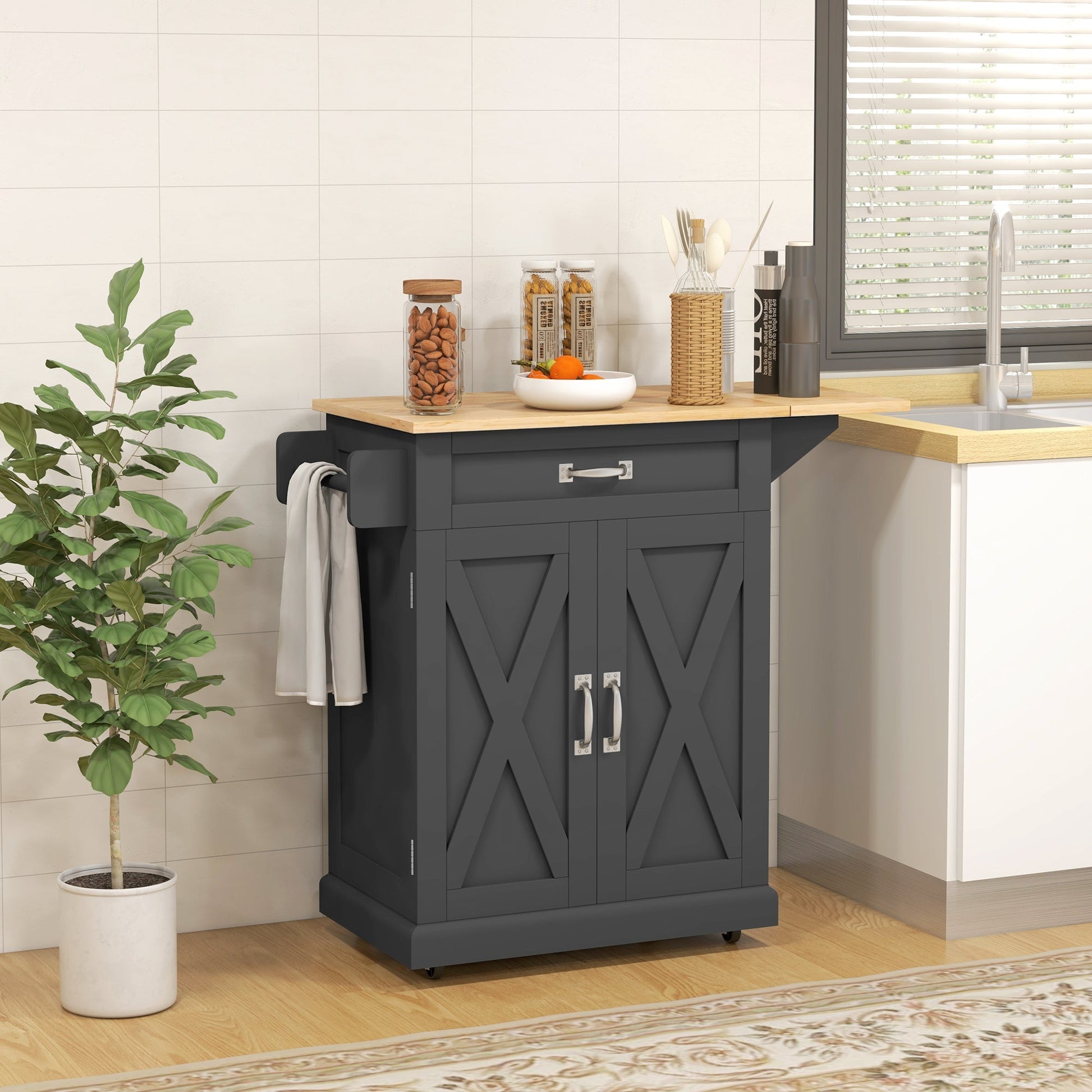 Foldable Kitchen Island with Storage Drawer, Farmhouse Rolling Utility Cart on Wheels with Drop-Leaf Wood Top, Black Kitchen Islands & Kitchen Carts   at Gallery Canada