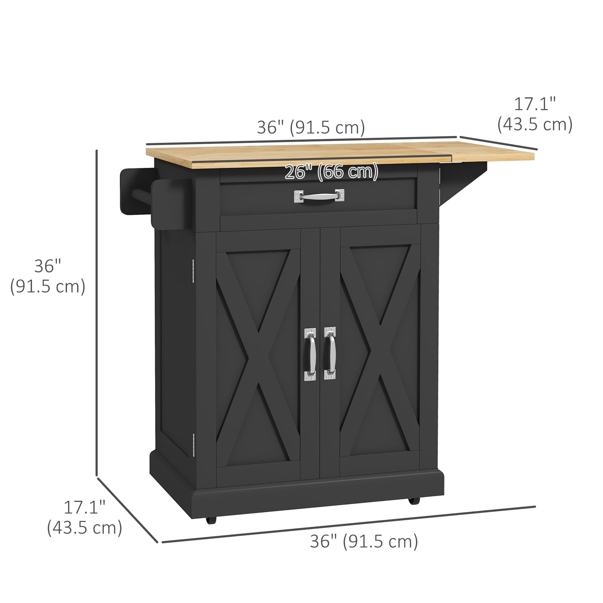 Foldable Kitchen Island with Storage Drawer, Farmhouse Rolling Utility Cart on Wheels with Drop-Leaf Wood Top, Black Kitchen Islands & Kitchen Carts   at Gallery Canada