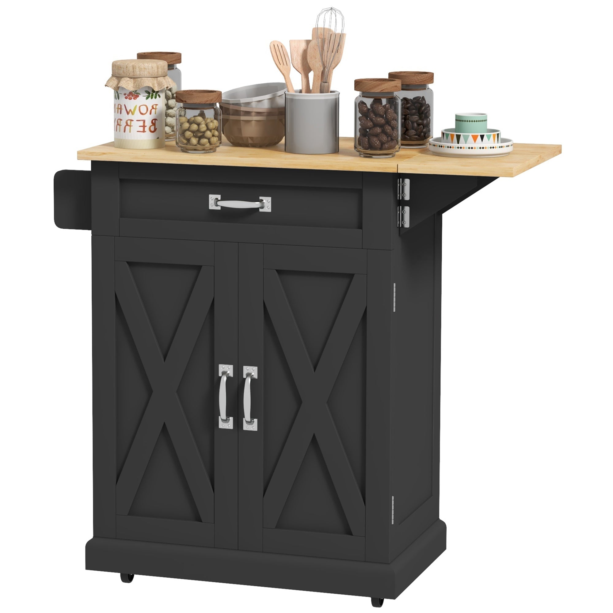 Foldable Kitchen Island with Storage Drawer, Farmhouse Rolling Utility Cart on Wheels with Drop-Leaf Wood Top, Black Kitchen Islands & Kitchen Carts Black  at Gallery Canada