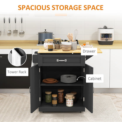 Foldable Kitchen Island with Storage Drawer, Farmhouse Rolling Utility Cart on Wheels with Drop-Leaf Wood Top, Black Kitchen Islands & Kitchen Carts   at Gallery Canada