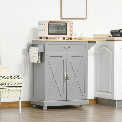 Foldable Kitchen Island with Storage Drawer, Farmhouse Style Rolling Utility Cart, Coffee Bar Cabinet on Wheels with Drop-Leaf Wood Top, Grey Kitchen Islands & Kitchen Carts   at Gallery Canada