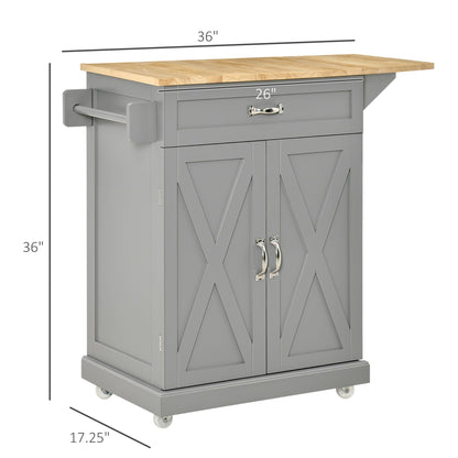 Foldable Kitchen Island with Storage Drawer, Farmhouse Style Rolling Utility Cart, Coffee Bar Cabinet on Wheels with Drop-Leaf Wood Top, Grey Kitchen Islands & Kitchen Carts   at Gallery Canada