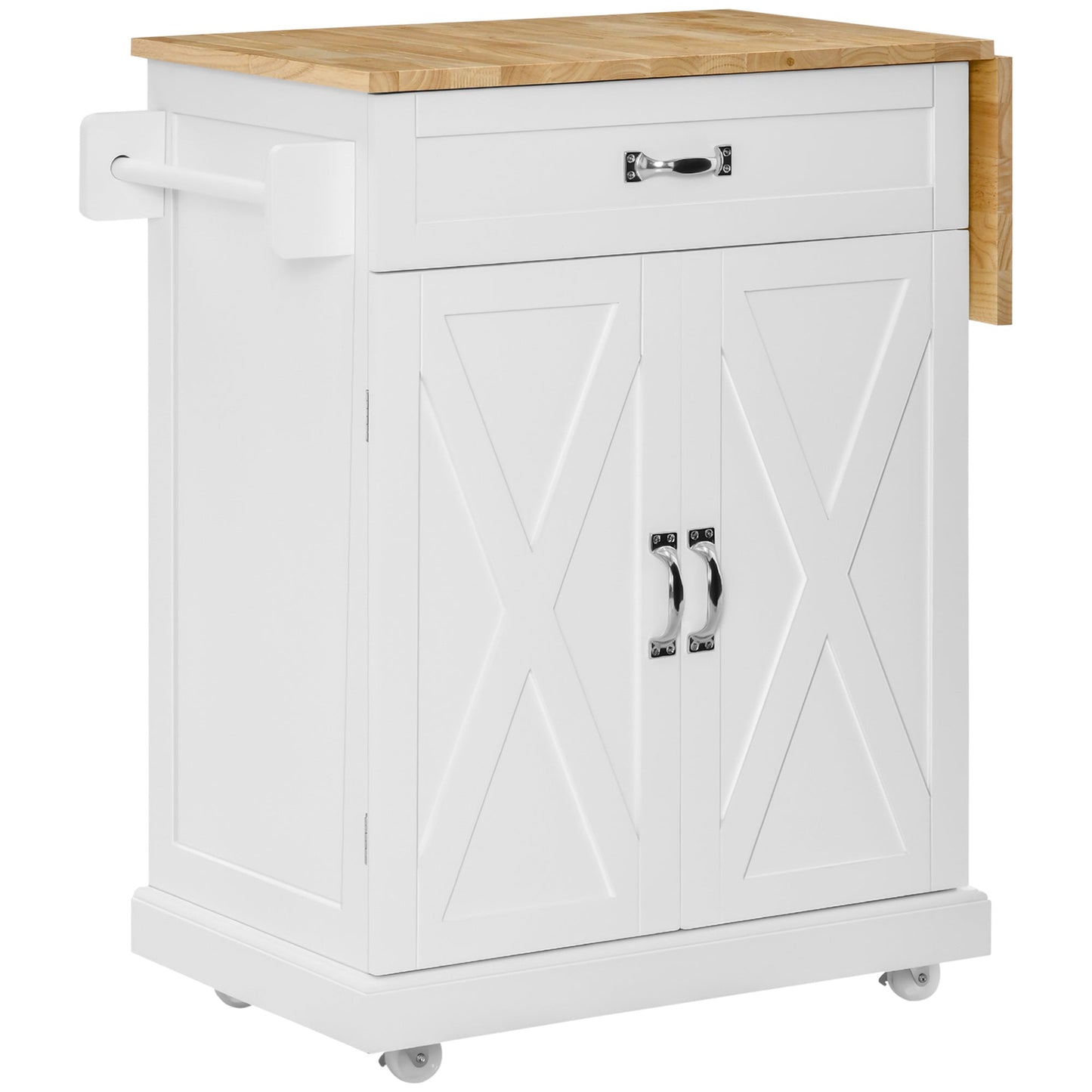 Foldable Kitchen Island with Storage Drawer, Farmhouse Style Rolling Utility Cart, Coffee Bar Cabinet on Wheels with Drop-Leaf Wood Top, White Kitchen Islands & Kitchen Carts   at Gallery Canada