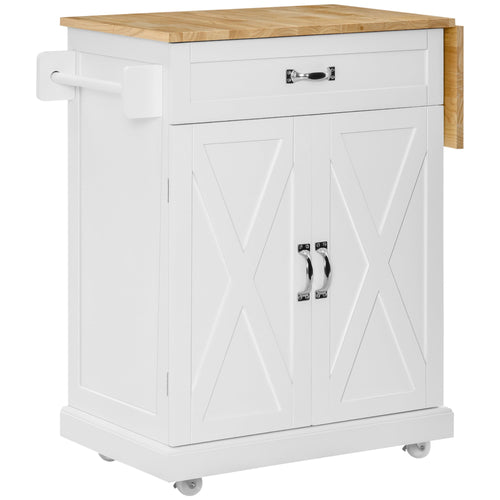 Foldable Kitchen Island with Storage Drawer, Farmhouse Style Rolling Utility Cart, Coffee Bar Cabinet on Wheels with Drop-Leaf Wood Top, White