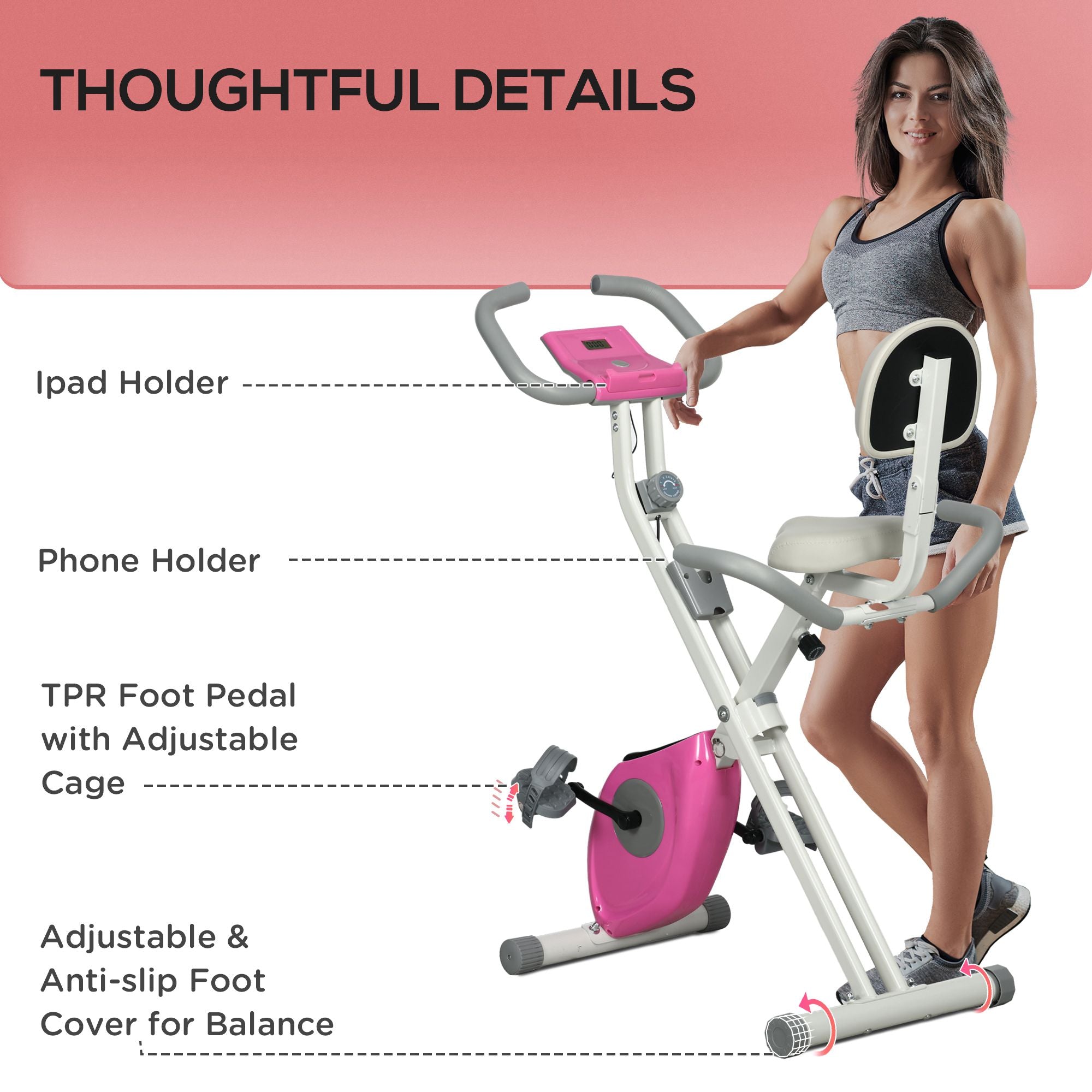 Foldable Magnetic Exercise Bike Indoor Stationary Upright Fitness Cycling Bike, 8 Level Quiet Magnetic Resistance, Pink Exercise & Stationary Bikes   at Gallery Canada