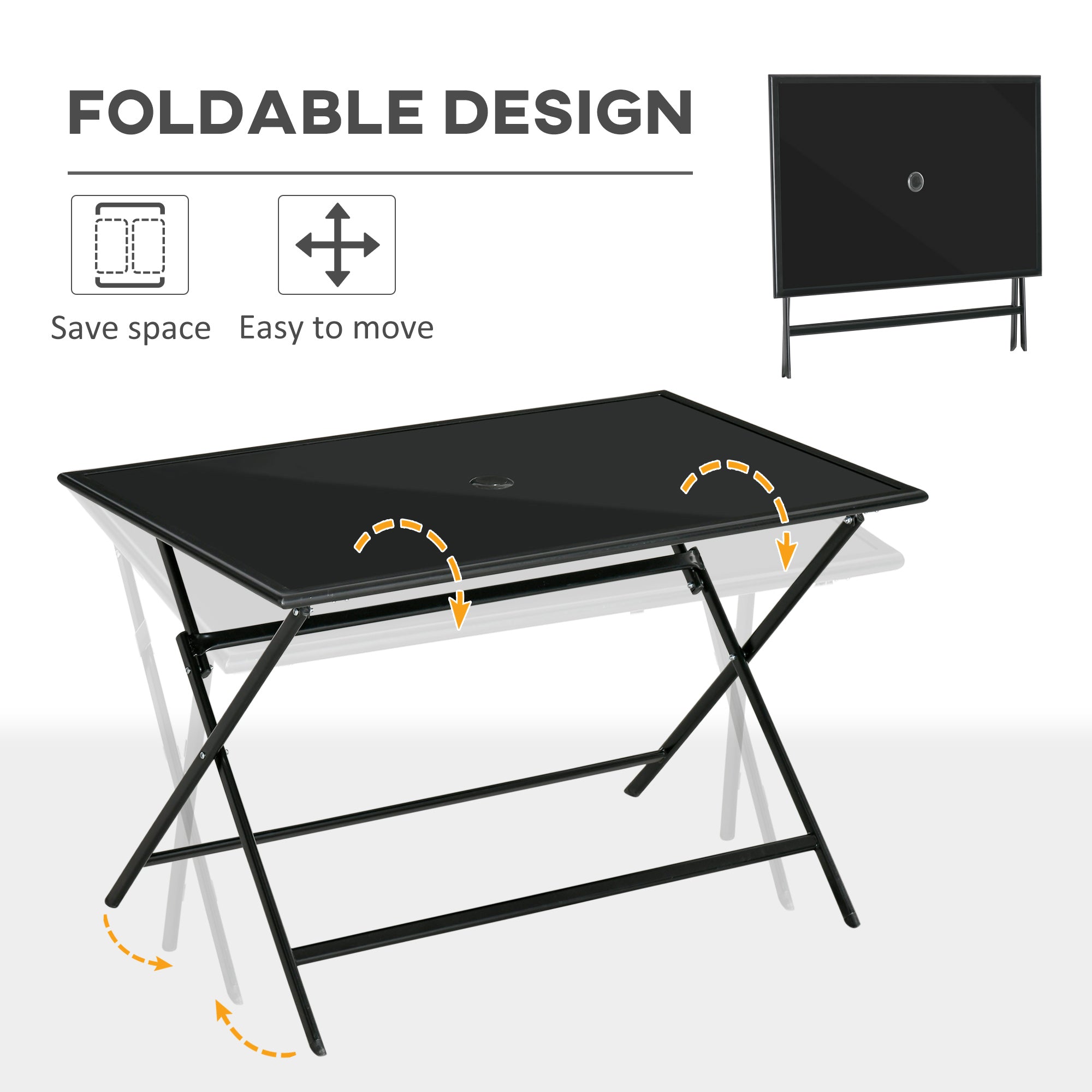 Foldable Outdoor Dining Table with Umbrella Hole, Patio Table for 6 with Glass Top Table, Metal Frame for Garden Lawn Backyard, Black Patio Side Tables   at Gallery Canada