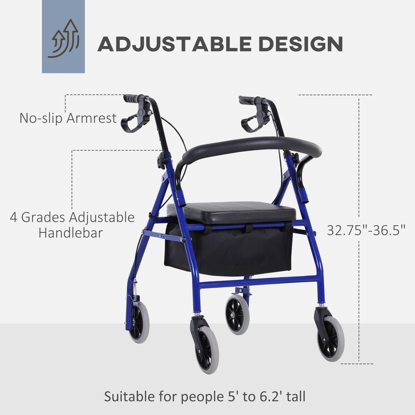 Folding Aluminum Rollator Walker with Adjustable Handle Height, Cushioned Flip Up Seat and Convenient Storage Bag, Rolling Wheels with 2 Barker, Blue Knee Walker & Wheelchair Ramps   at Gallery Canada