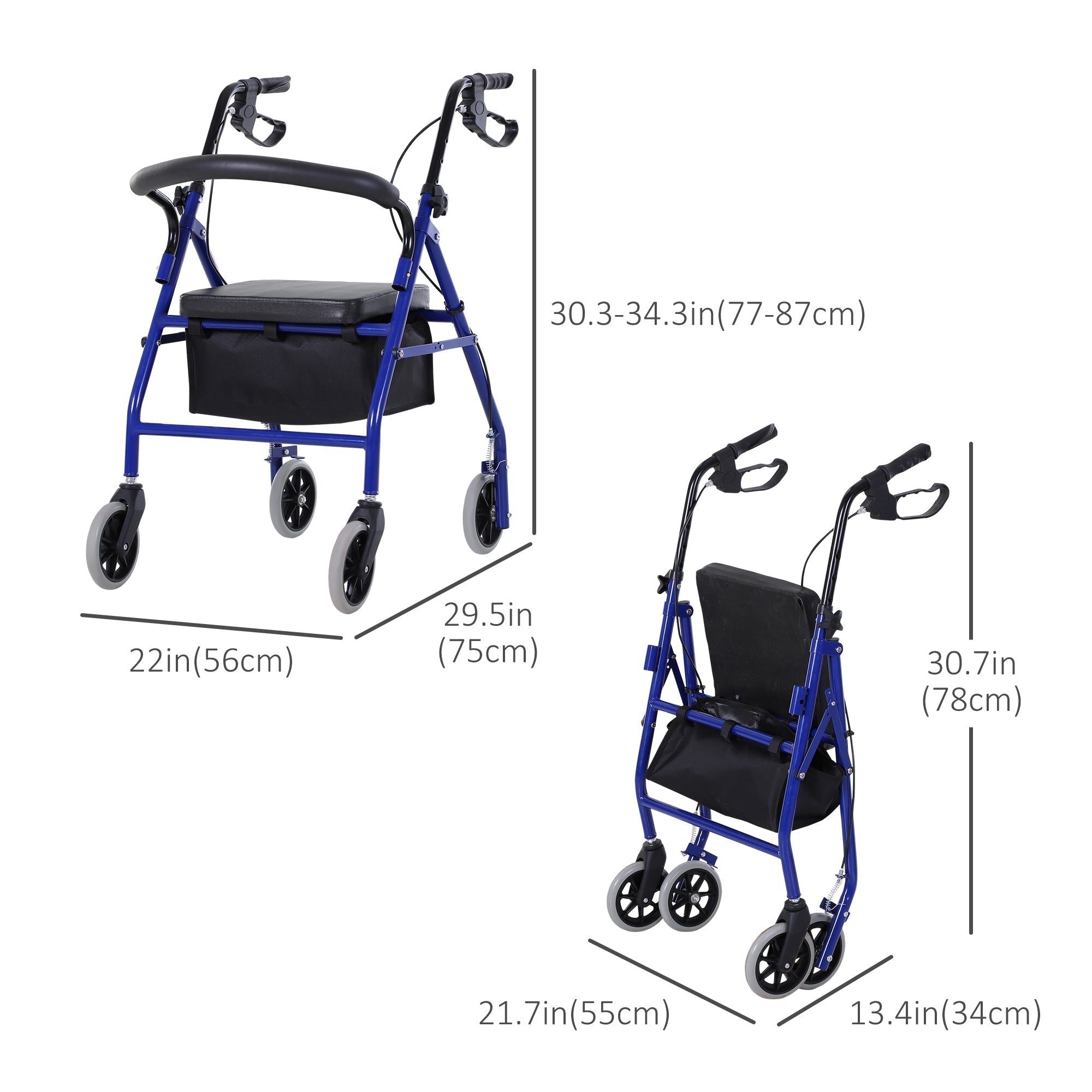 Folding Aluminum Rollator Walker with Adjustable Handle Height, Cushioned Flip Up Seat and Convenient Storage Bag, Rolling Wheels with 2 Barker, Blue Knee Walker & Wheelchair Ramps   at Gallery Canada