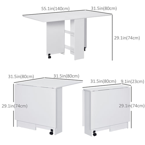 Folding Dining Table, Drop Leaf Table for Small Spaces with 2-tier Shelves, Small Kitchen Table with Rolling Casters, White