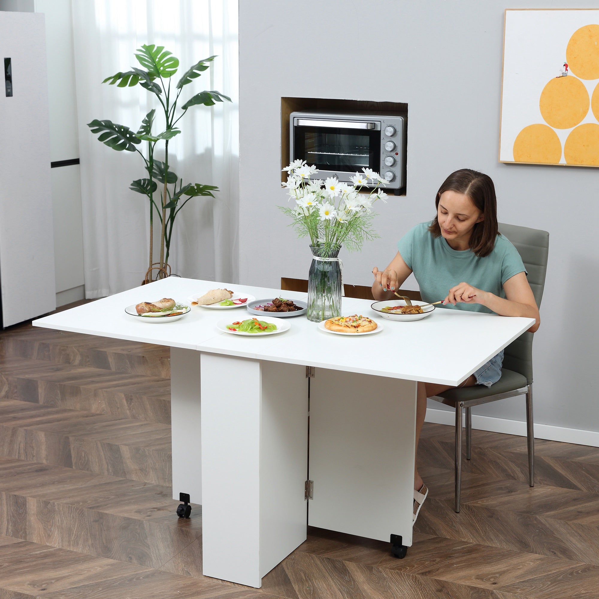 Folding Dining Table, Drop Leaf Table for Small Spaces with 2-tier Shelves, Small Kitchen Table with Rolling Casters, White Bar Tables & Dining Tables   at Gallery Canada