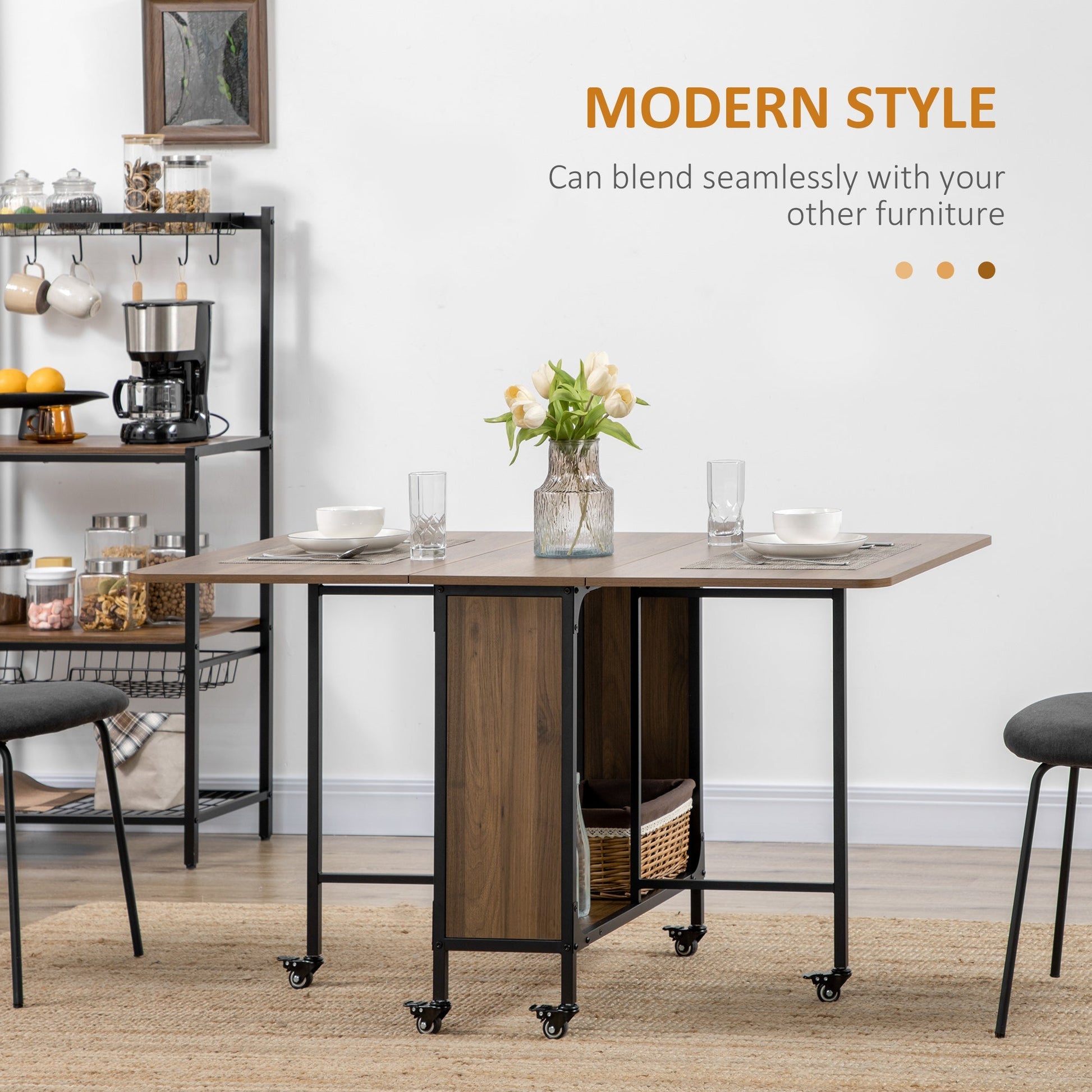 Folding Dining Table, Mobile Drop Leaf Table, Extendable Kitchen Table for Small Spaces with Storage Shelf and 6 Wheels, Brown Bar Tables & Dining Tables   at Gallery Canada