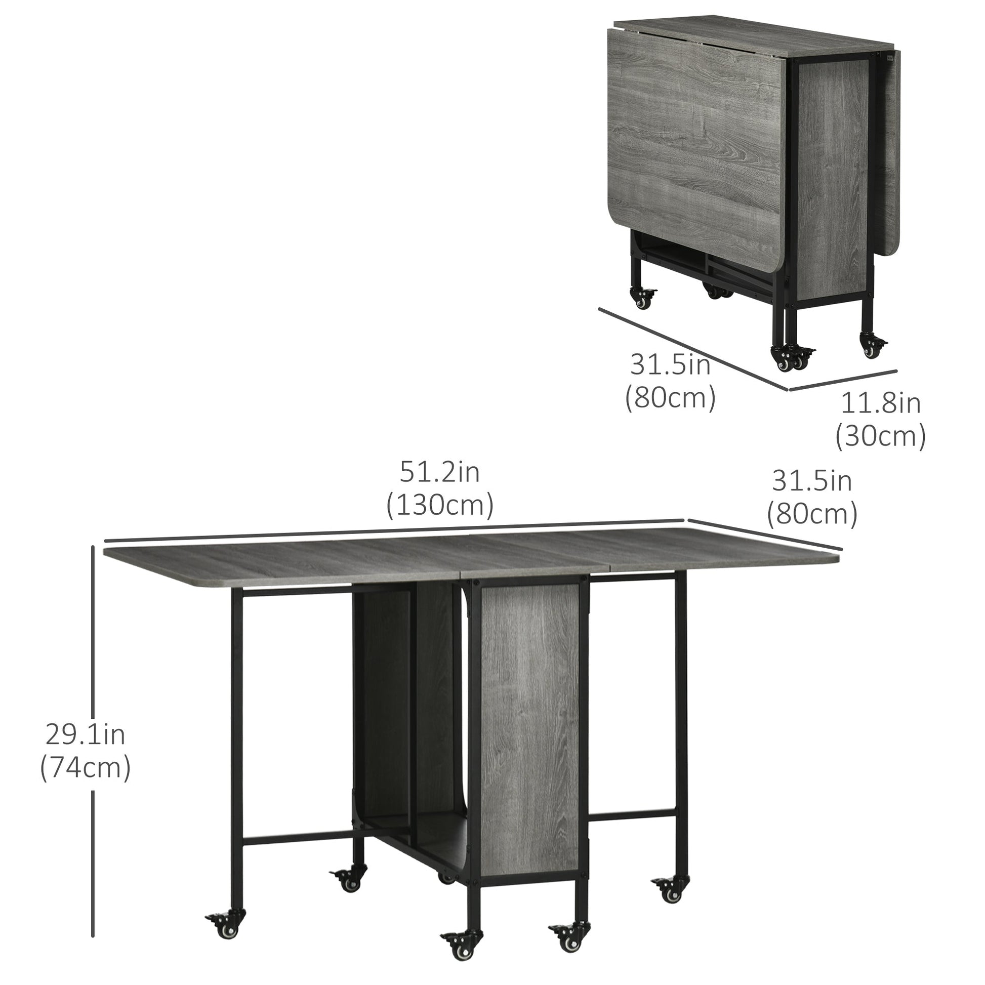 Folding Dining Table, Mobile Drop Leaf Table, Extendable Kitchen Table for Small Spaces with Storage Shelf and 6 Wheels, Grey Bar Tables & Dining Tables   at Gallery Canada