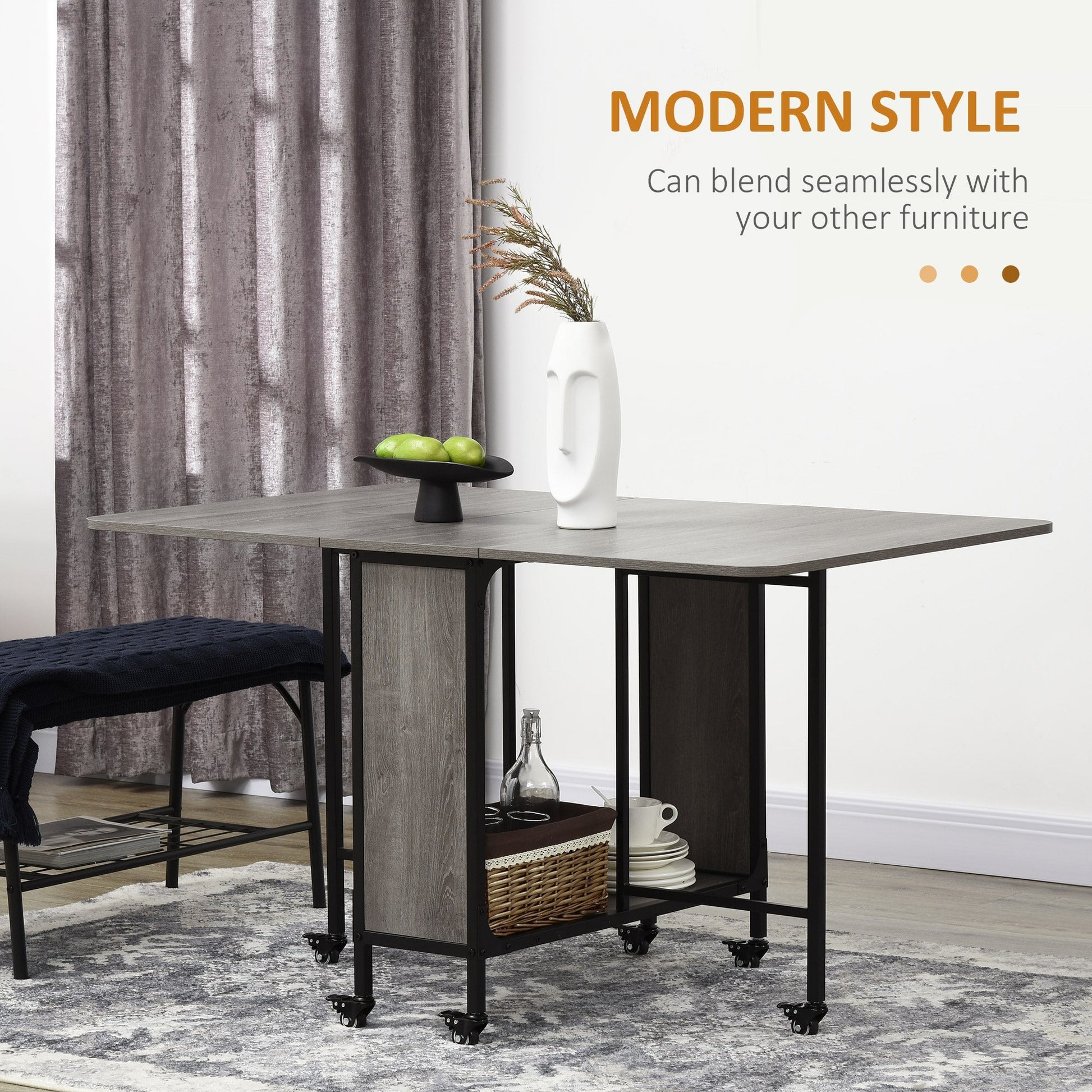 Folding Dining Table, Mobile Drop Leaf Table, Extendable Kitchen Table for Small Spaces with Storage Shelf and 6 Wheels, Grey Bar Tables & Dining Tables   at Gallery Canada