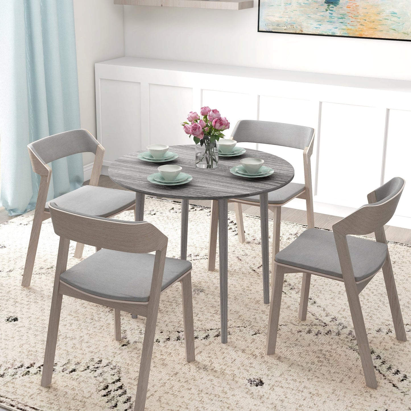 Folding Dining Table, Round Drop Leaf Kitchen Table for Small Spaces with Wood Legs, Distressed Grey Bar Tables & Dining Tables   at Gallery Canada