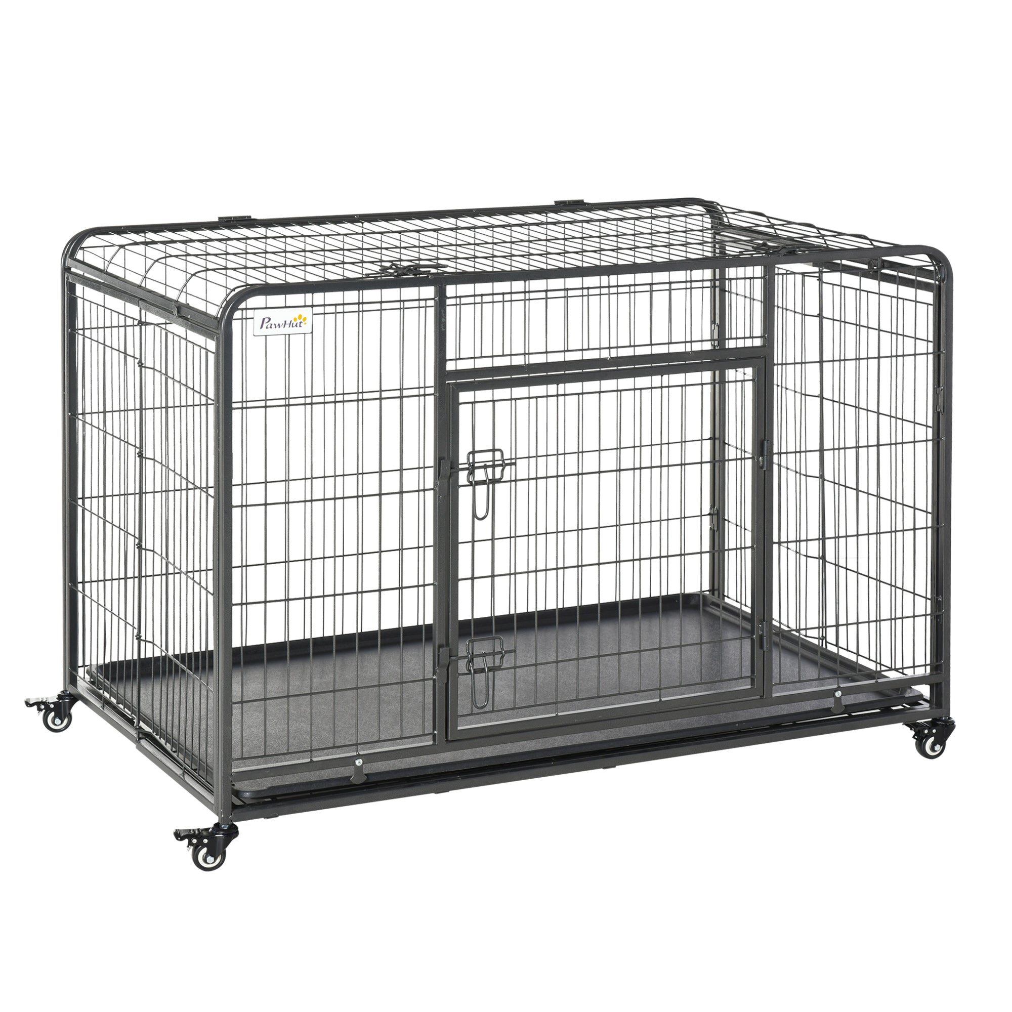 Folding Dog Crate Heavy Duty Cage for Extra Large Sized Dogs with Double Doors, Lockable Wheels Tray, 49