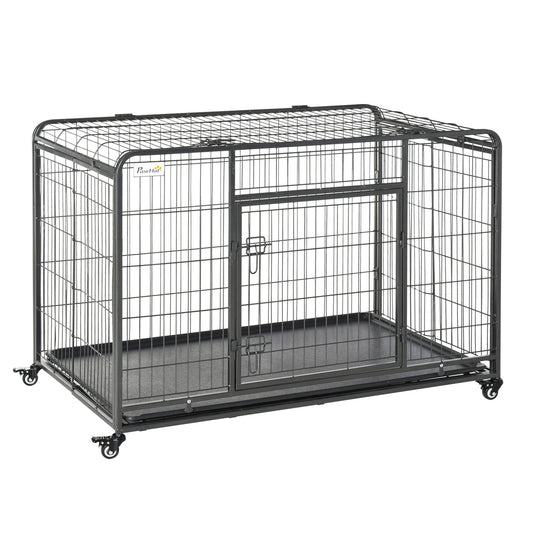 Folding Dog Crate Heavy Duty Cage for Extra Large Sized Dogs with Double Doors, Lockable Wheels Tray, 49" x 30" x 32" Houses, Kennels & Pens Dark Grey  at Gallery Canada