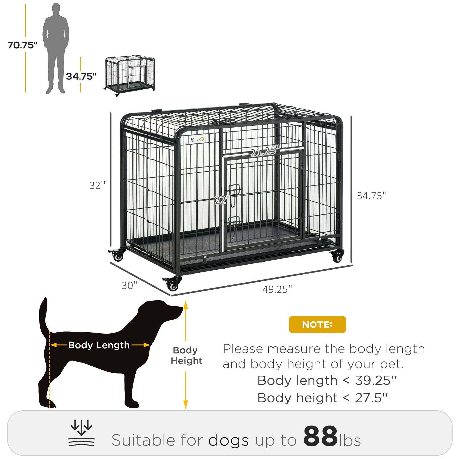 Folding Dog Crate Heavy Duty Cage for Extra Large Sized Dogs with Double Doors, Lockable Wheels Tray, 49" x 30" x 32" Houses, Kennels & Pens Dark Grey  at Gallery Canada