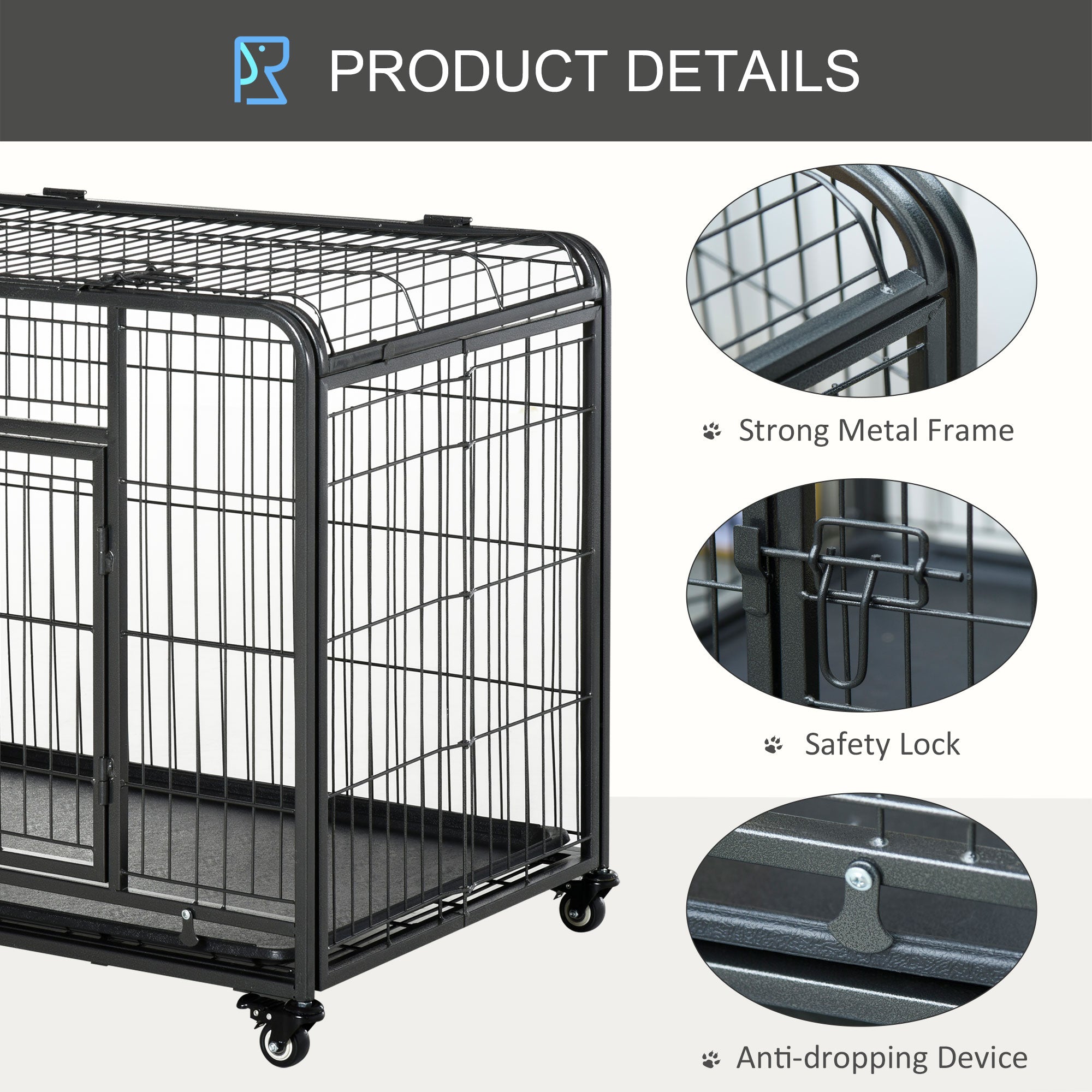 Folding Dog Crate Heavy Duty Cage for Extra Large Sized Dogs with Double Doors, Lockable Wheels Tray, 49