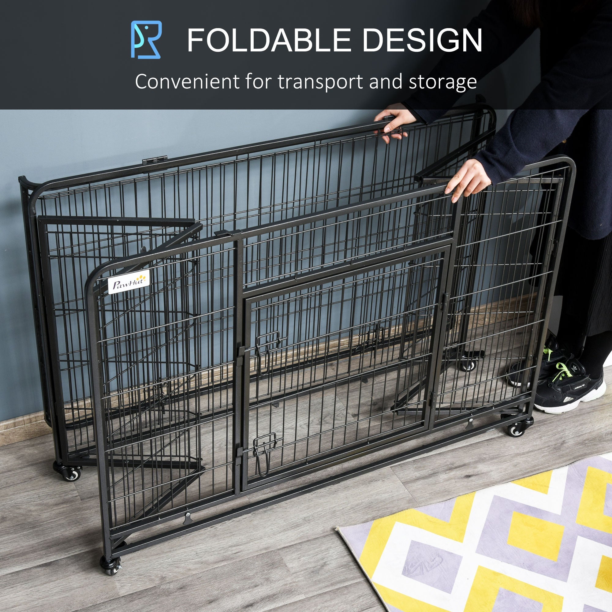 Folding Dog Crate Heavy Duty Cage for Extra Large Sized Dogs with Double Doors, Lockable Wheels Tray, 49